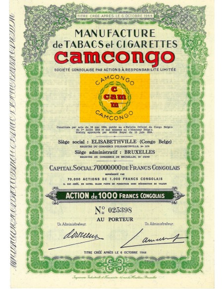 1954 - CAMCONGO - MANUFACTURE DE TABACS ET CIGARETTES