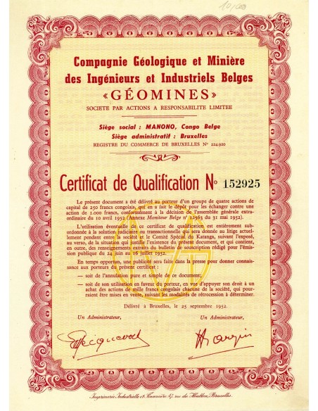 1952 - GEOMINES - COMP. GEOLOGIQUE ET MINIERE DES INGENIEURS ET INDUSTRIELS BELGES