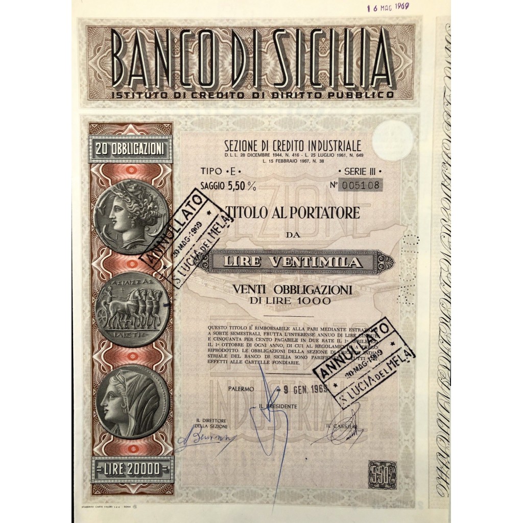 1969 - BANCO DI SICILIA - 20 OBBLIGAZIONI - PALERMO