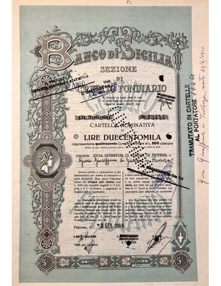 1958 BANCO DI SICILIA SEZIONE DI CREDITO FONDIARIO - LIRE DUECENTOMILA - PALERMO
