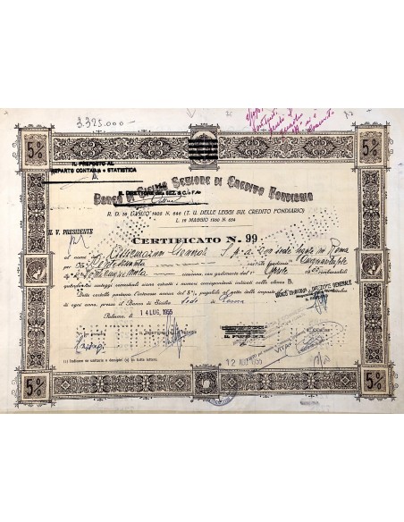 1955 BANCO DI SICILIA (STEMMA SABAUDO) SEZIONE DI CREDITO FONDIARIO 5% - PALERMO