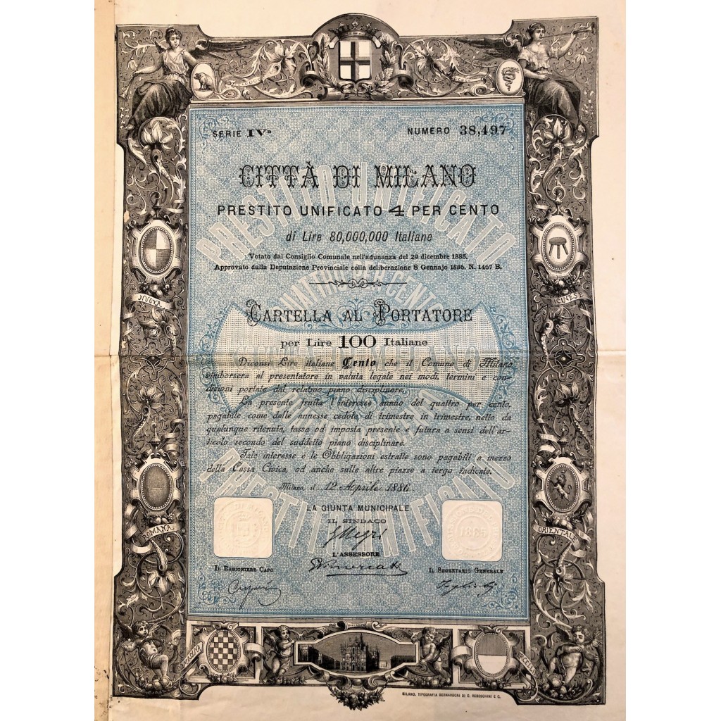 1886 - CITTA' DI MILANO PRESTITO UNIFICATO 4 %...