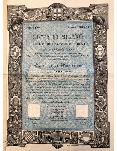 1886 - CITTA' DI MILANO PRESTITO UNIFICATO 4 % - CARTELLA AL PORTATORE 100 LIRE  - MILANO
