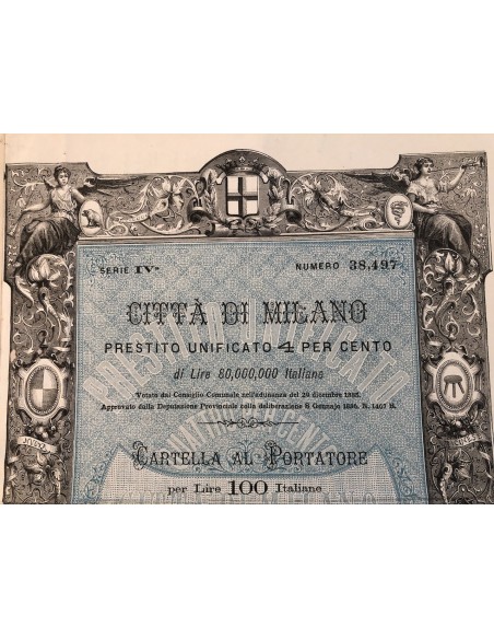 1886 - CITTA' DI MILANO PRESTITO UNIFICATO 4 % - CARTELLA AL PORTATORE 100 LIRE  - MILANO