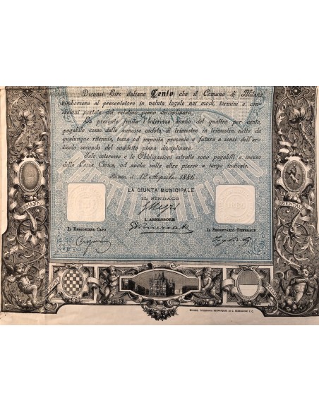 1886 - CITTA' DI MILANO PRESTITO UNIFICATO 4 % - CARTELLA AL PORTATORE 100 LIRE  - MILANO