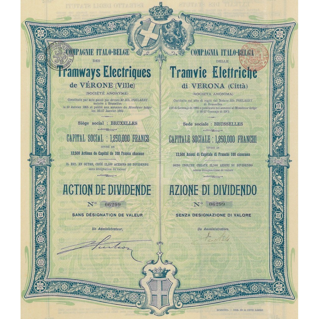 COMPAGNIE ITALO-BELGE TRAMWAYS ELECTRIQUES DE VERONE-1 AZIONE 1905