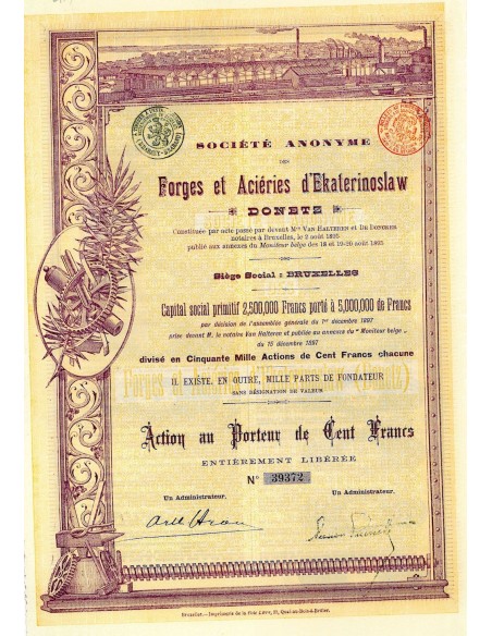 1897 - FORGES ET ACIERIES D'EKATERINOSLAW - DONETZ (CAP. SOC. 5.000.000 DE FR.)