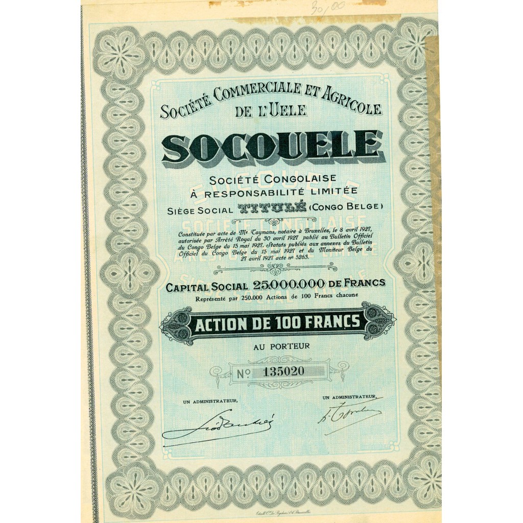1927 - SOCOUELE - SOC. COMMERCIALE ET AGRICOLE DE L'UELE