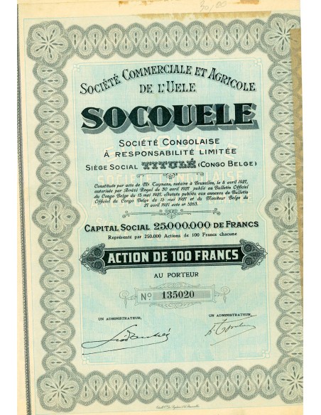 1927 - SOCOUELE - SOC. COMMERCIALE ET AGRICOLE DE L'UELE