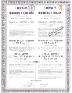 TRAMWAYS DE LOMBARDIE & ROMAGNES - 1 OBBLIGAZIONE LIEGI 1914