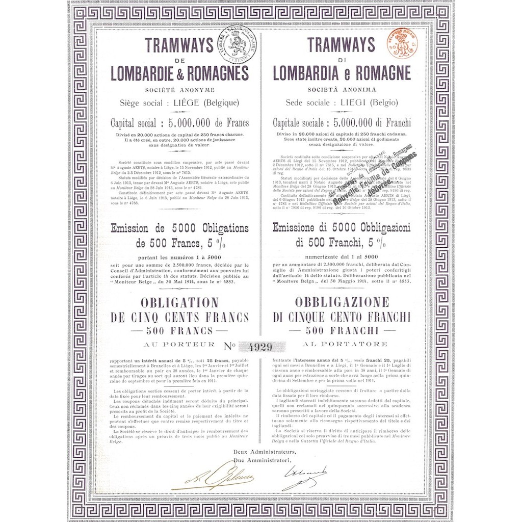 TRAMWAYS DE LOMBARDIE & ROMAGNES - 1 OBBLIGAZIONE LIEGI 1914