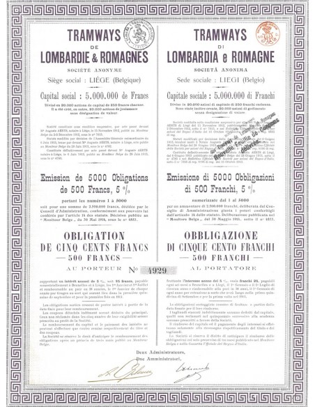 TRAMWAYS DE LOMBARDIE & ROMAGNES - 1 OBBLIGAZIONE LIEGI 1914