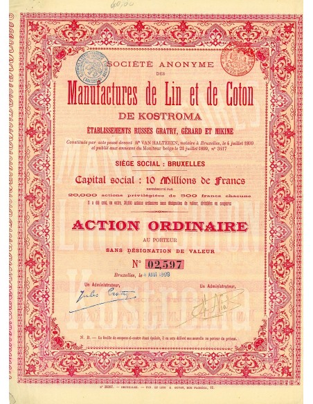 1899 - MANUFACTURES DE LIN ET DE COTON DE KOSTROMA SOC. AN.