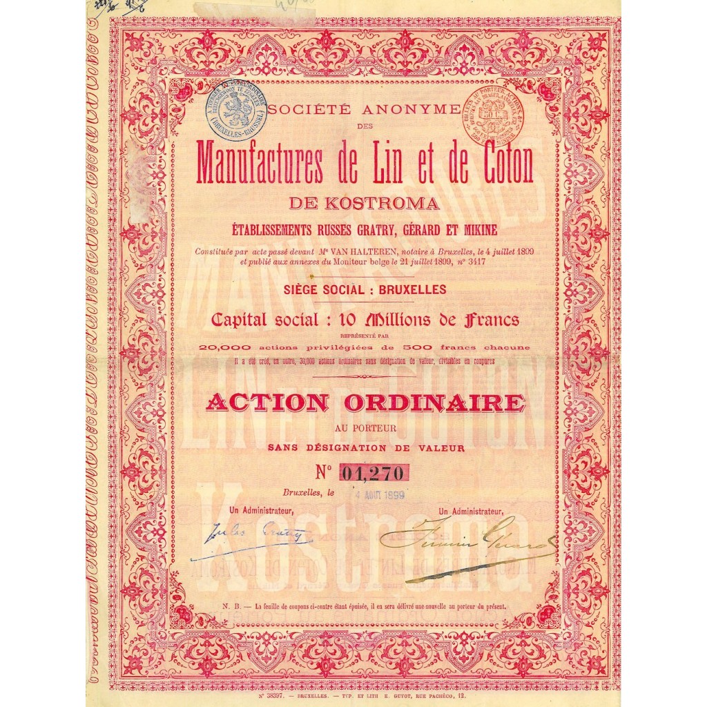 1899 - MANUFACTURES DE LIN ET DE COTON DE KOSTROMA SOC. AN.