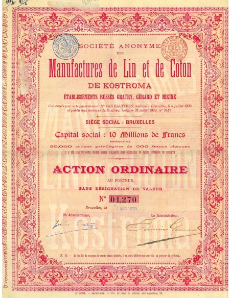1899 - MANUFACTURES DE LIN ET DE COTON DE KOSTROMA SOC. AN.