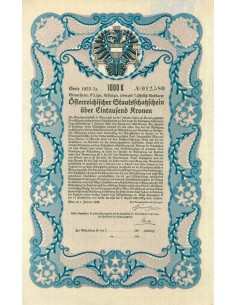 1922 - OSTERR. STAATSSCHATZSCHEIN UBER EINTAUSEND KRONEN
