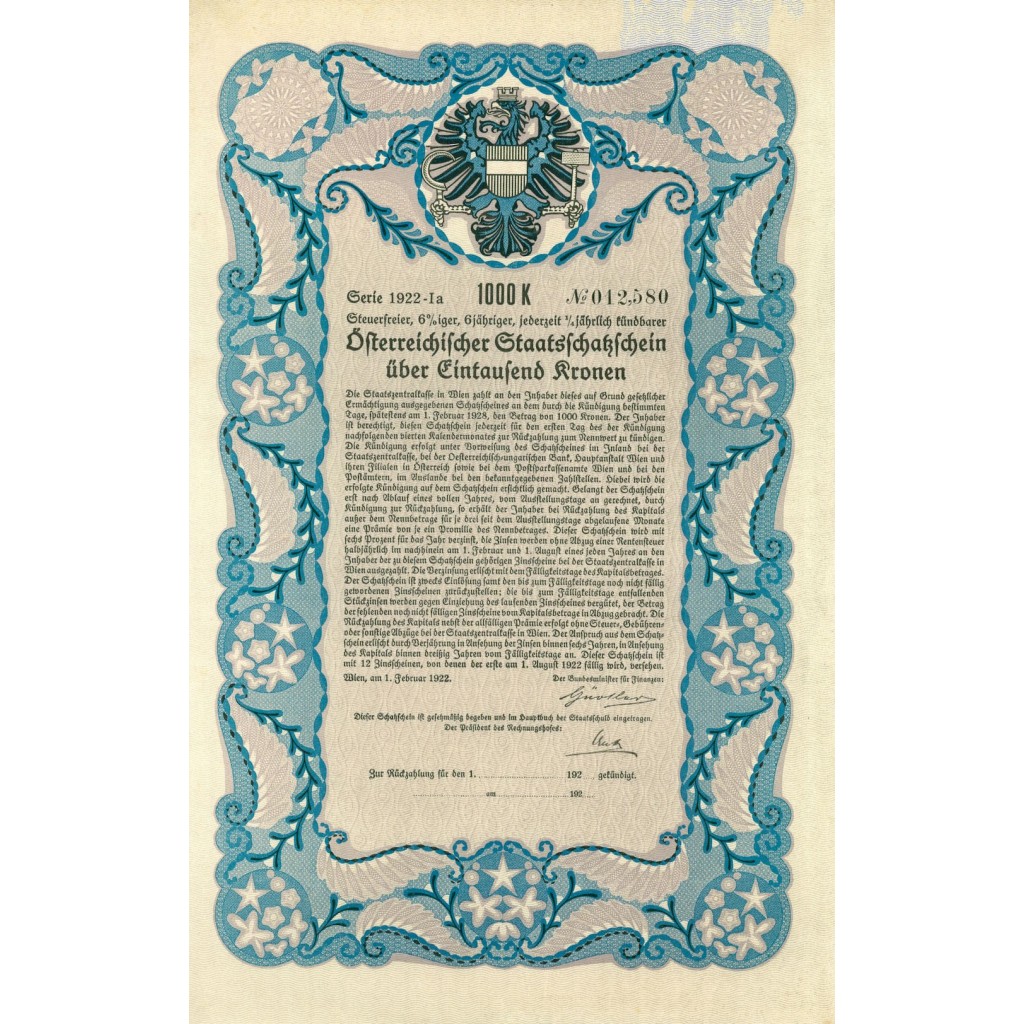 1922 - OSTERR. STAATSSCHATZSCHEIN UBER...