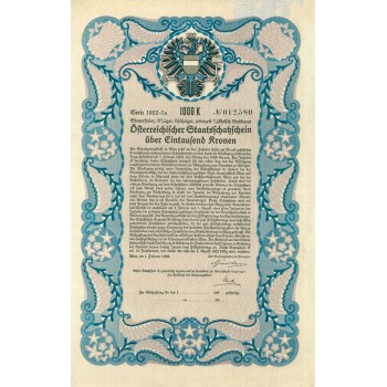 1922 - OSTERR. STAATSSCHATZSCHEIN UBER EINTAUSEND KRONEN