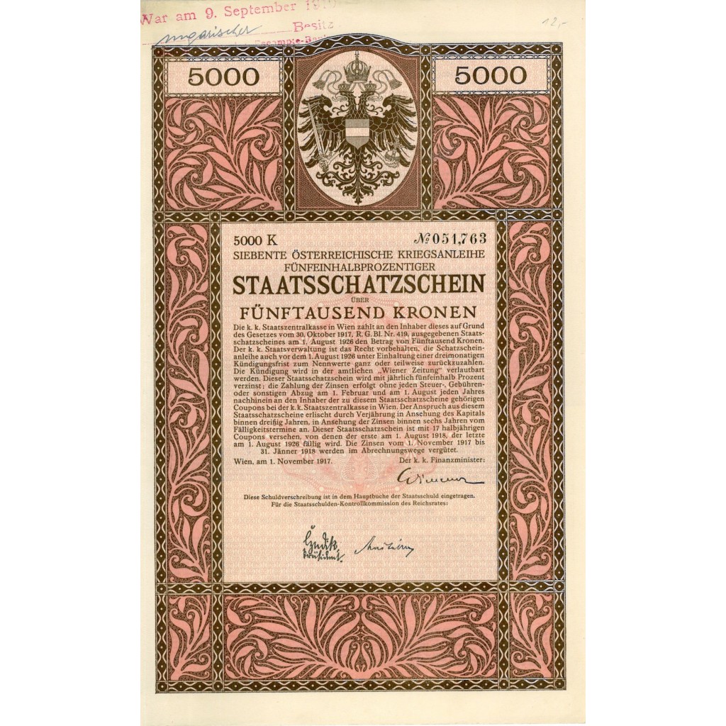 1917 - STAATSSCHATZSCHEIN UBER FUNFTAUSEND KRONEN