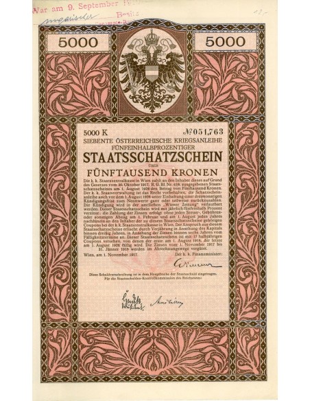 1917 - STAATSSCHATZSCHEIN UBER FUNFTAUSEND KRONEN