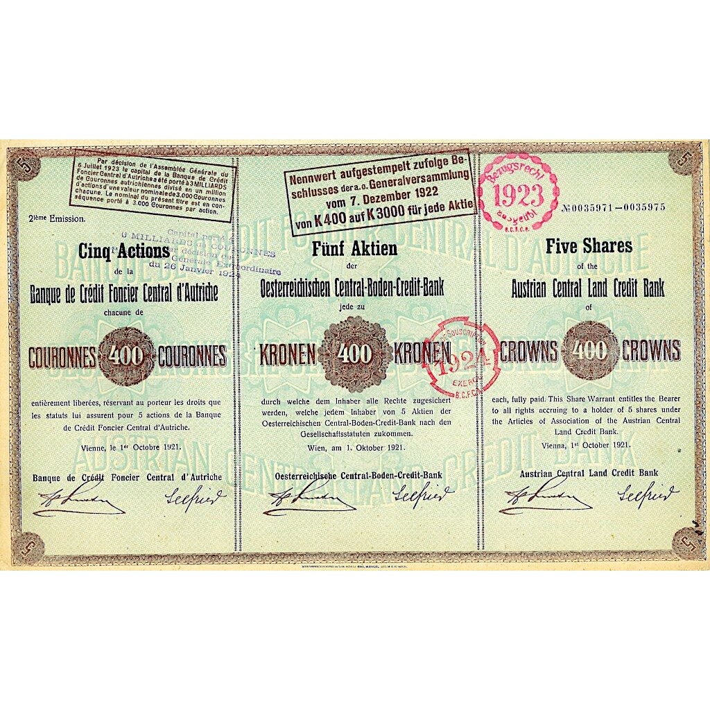 1921 - OSTERREICHISCHEN CENTRAL-BODEN-CREDIT-BANK