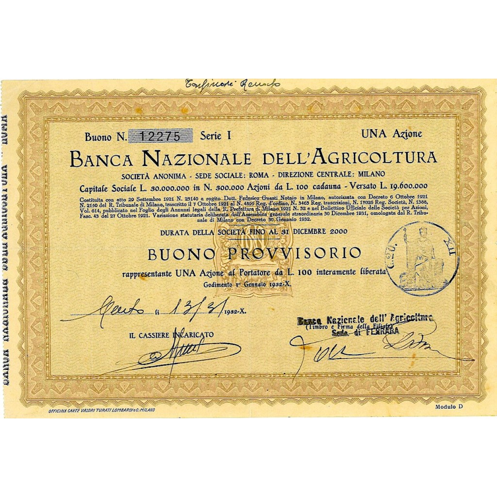 1932 - BANCA NAZIONALE DELL'AGRICOLTURA - 1 AZIONE