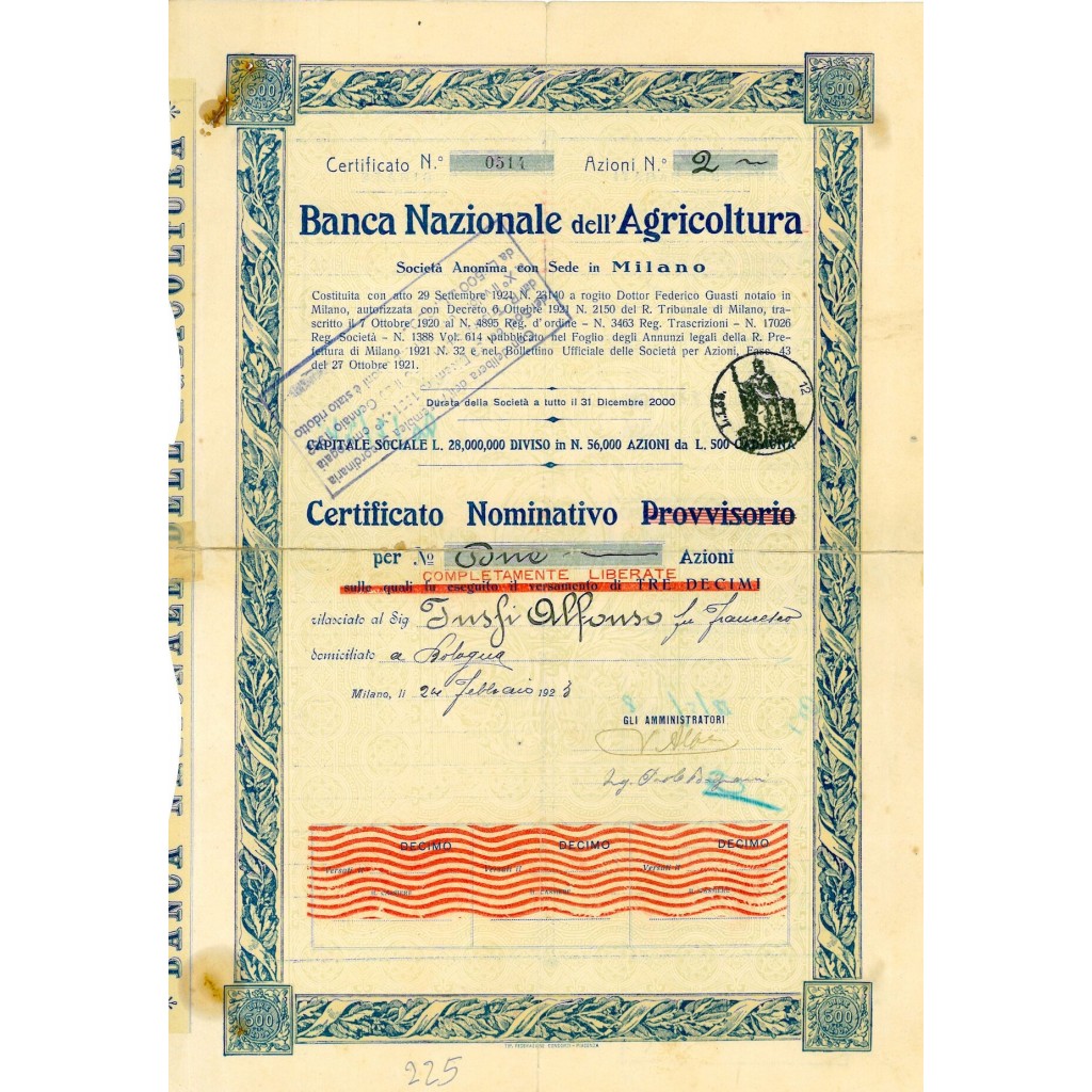 1923 - BANCA NAZIONALE DELL'AGRICOLTURA - 2 AZIONI