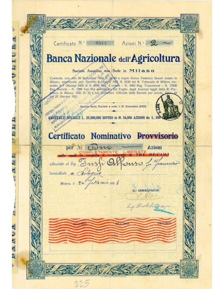 1923 - BANCA NAZIONALE DELL'AGRICOLTURA - 2 AZIONI