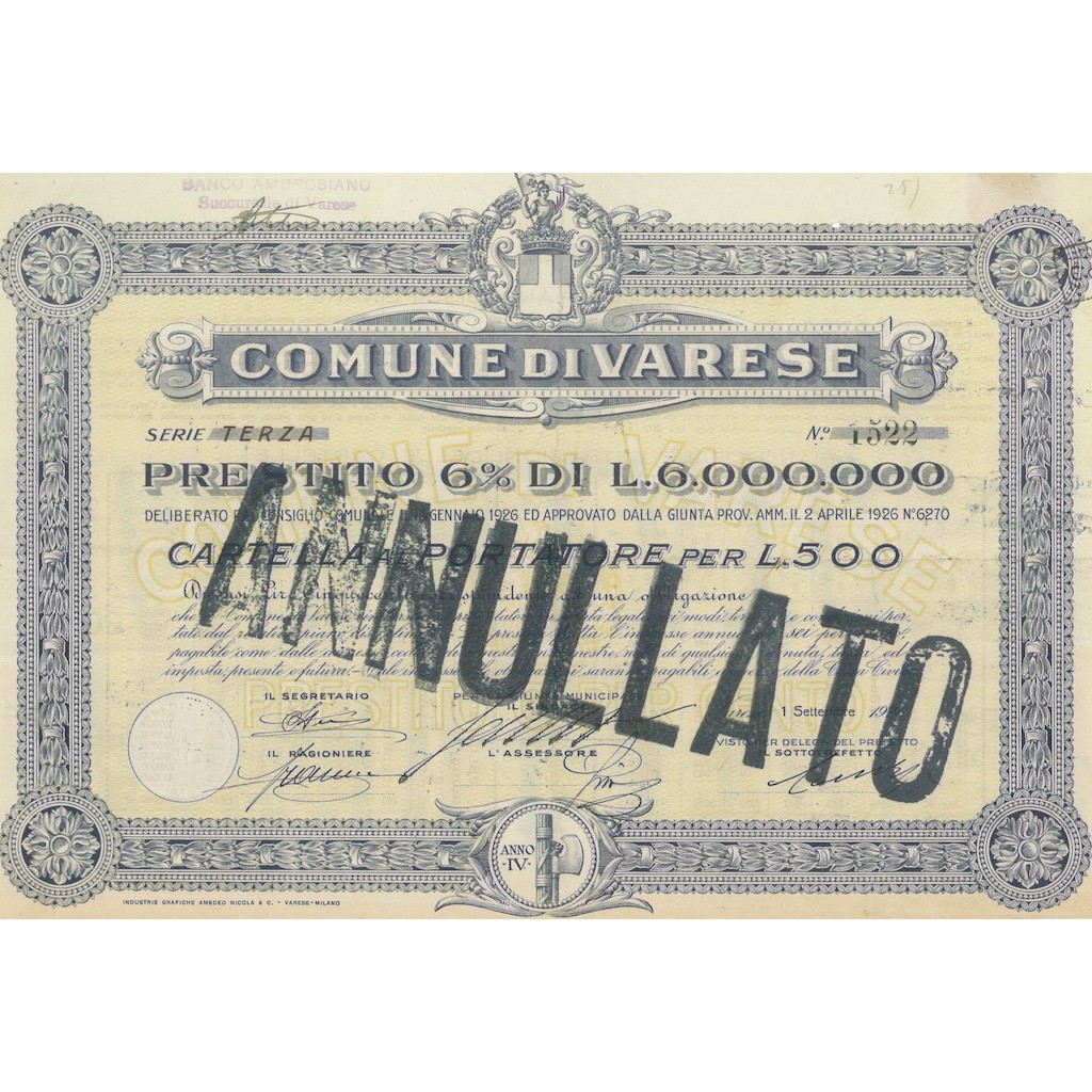 COMUNE DI VARESE SERIE TERZA 10 OBBLIGAZIONI VARESE 1926