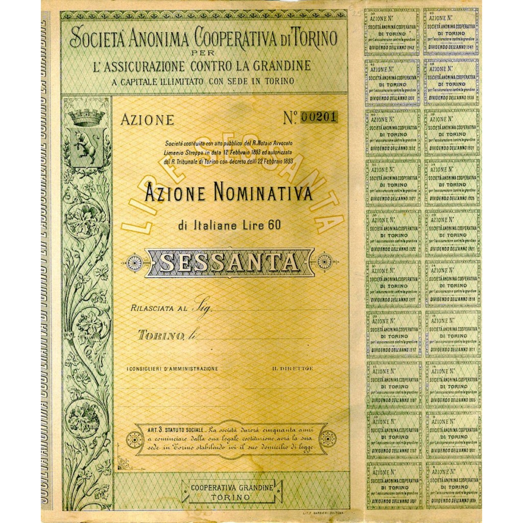 1893 - COOP. DI TORINO PER L'ASSICURAZ. CONTRO LA GRANDINE SOC. ANON.