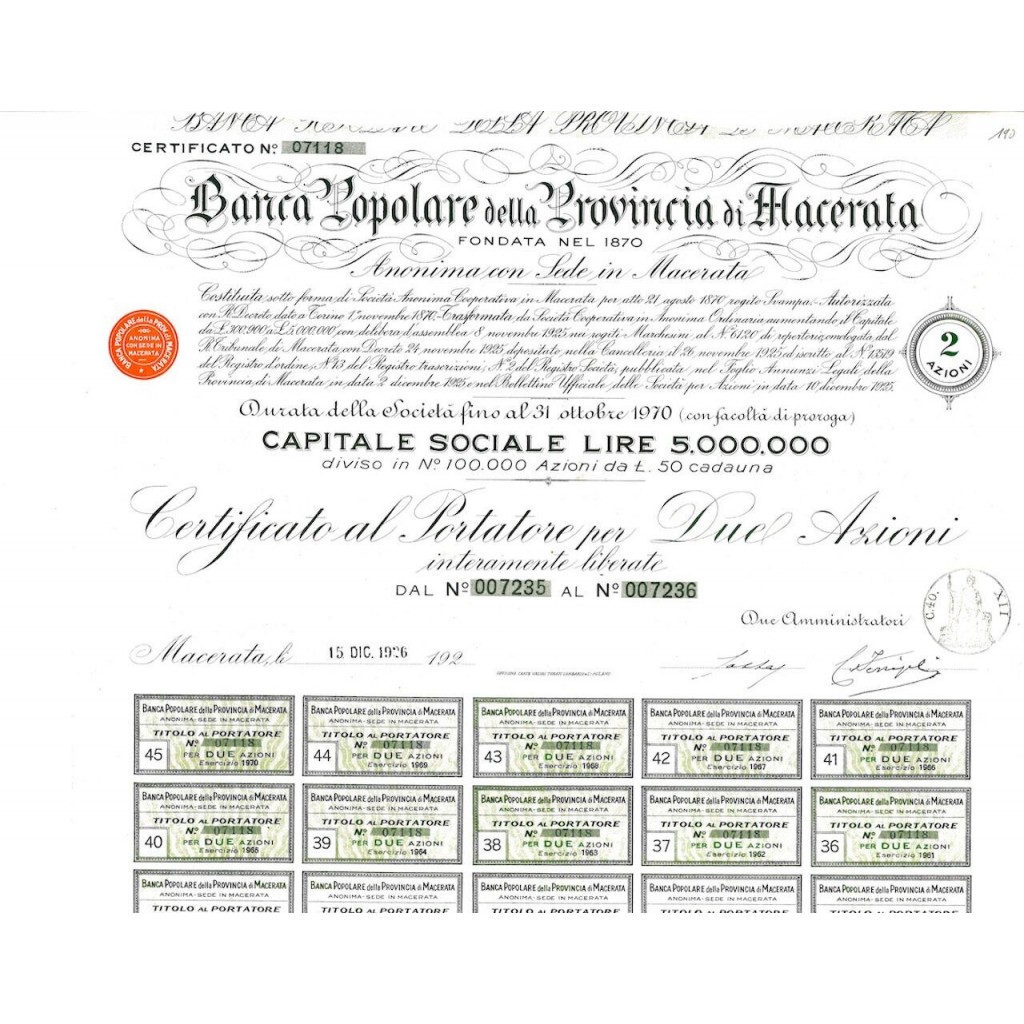 1926 - BANCA POPOLARE DELLA PROVINCIA DI MACERATA - 2 AZIONI