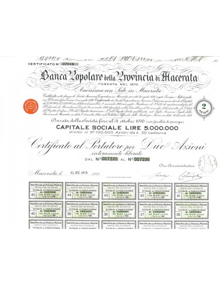 1926 - BANCA POPOLARE DELLA PROVINCIA DI MACERATA - 2 AZIONI