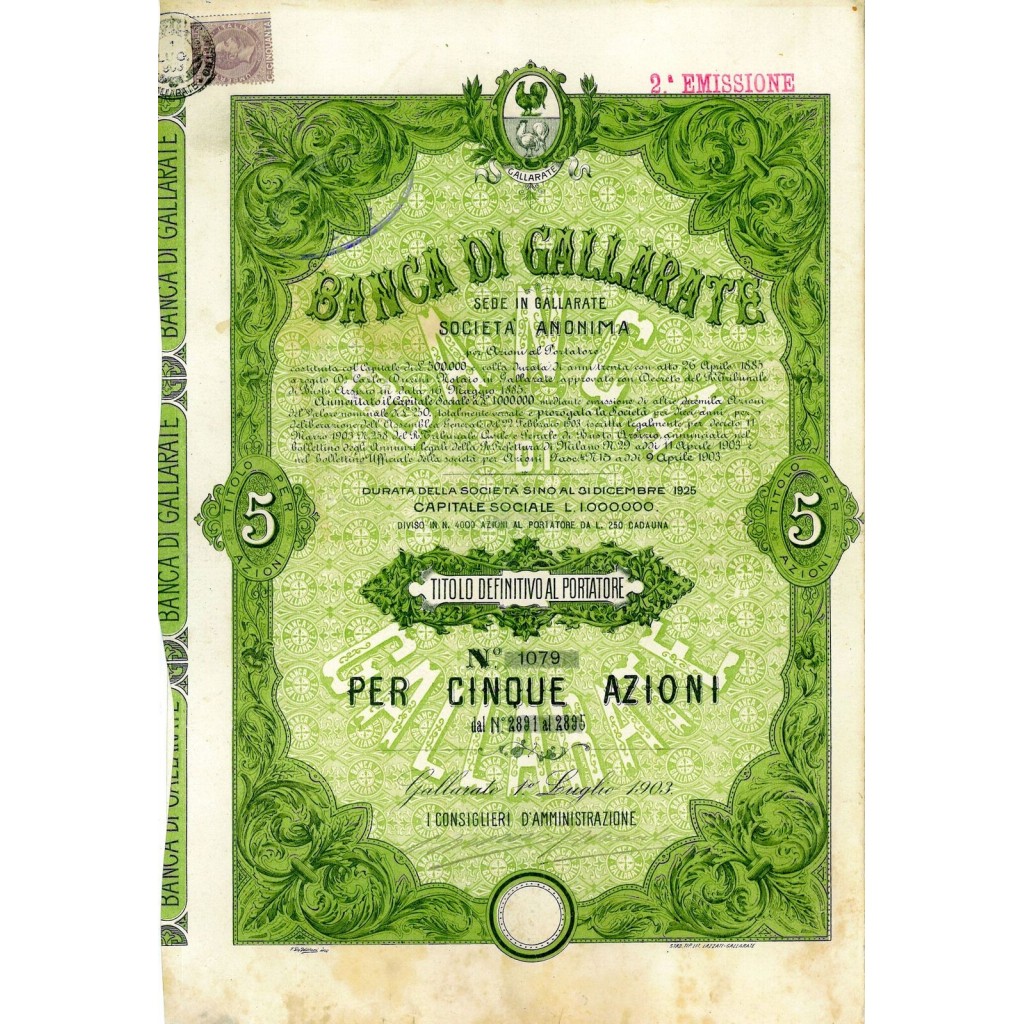 1903 - BANCA DI GALLARATE (5 AZIONI-SECONDA...