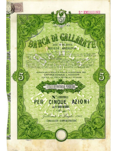 1903 - BANCA DI GALLARATE (5 AZIONI-SECONDA EMISSIONE)