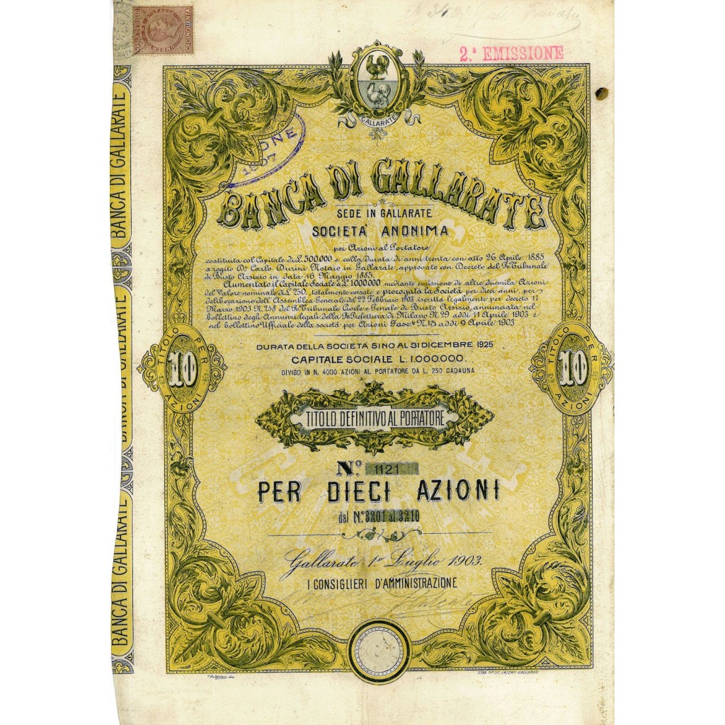 1903 - BANCA DI GALLARATE (10 AZIONI-SECONDA...