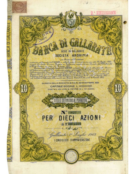 1903 - BANCA DI GALLARATE (10 AZIONI-SECONDA EMISSIONE)