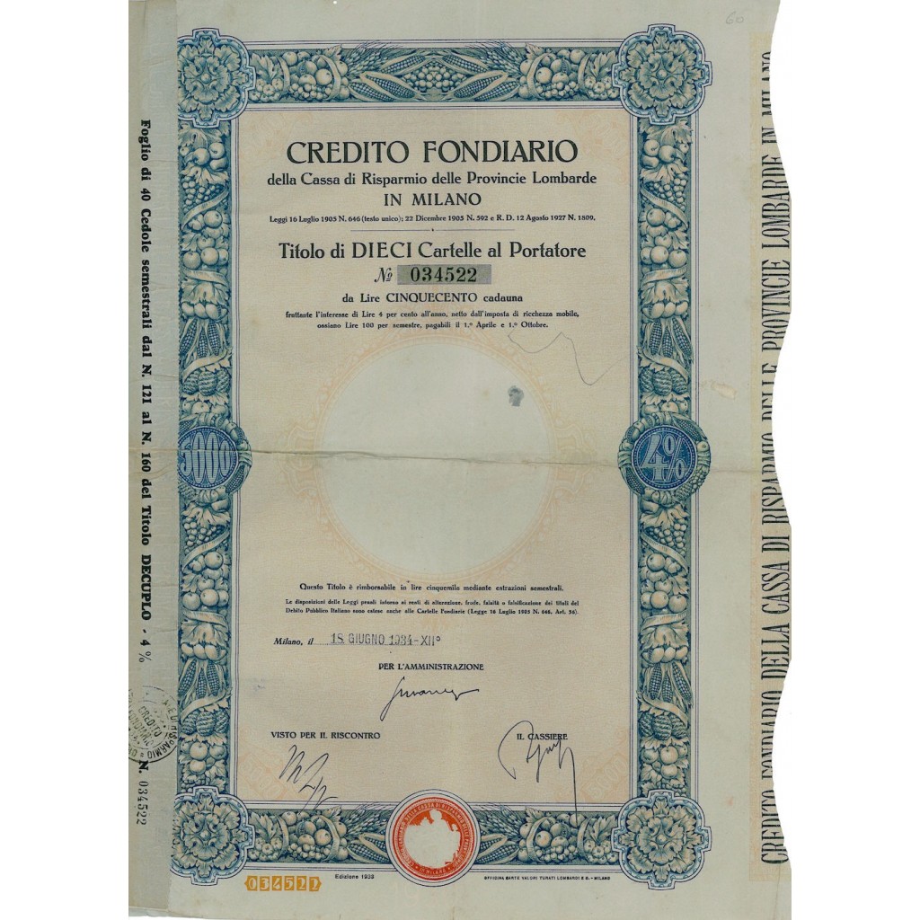 1934 - CREDITO FONDIARIO DELLA CASSA DI RISP. DELLE PROV. LOMBARDE