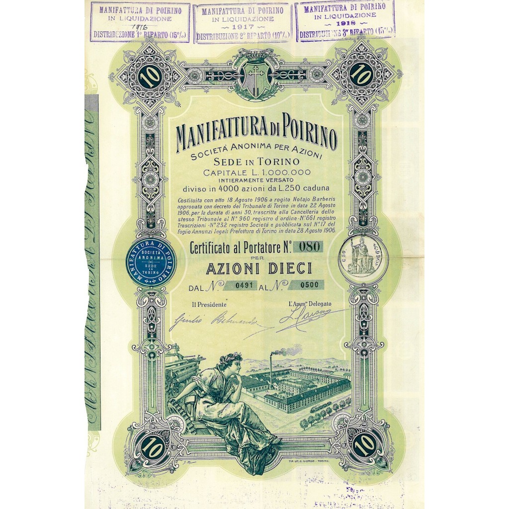 1906 - MANIFATTURA DI POIRINO 10 AZIONI - TORINO