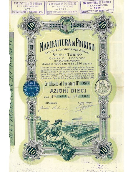 1906 - MANIFATTURA DI POIRINO 10 AZIONI - TORINO