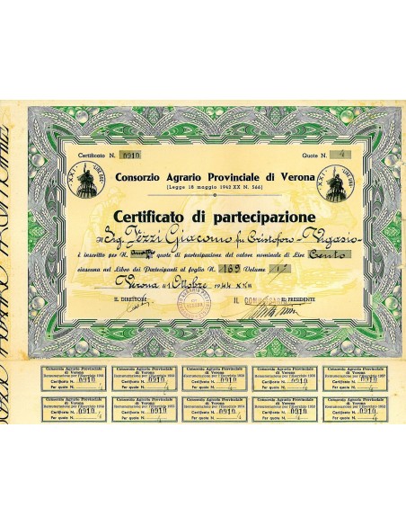 1944 - CONSORZIO AGRARIO PROVINCIALE DI VERONA 4 QUOTE - VERONA