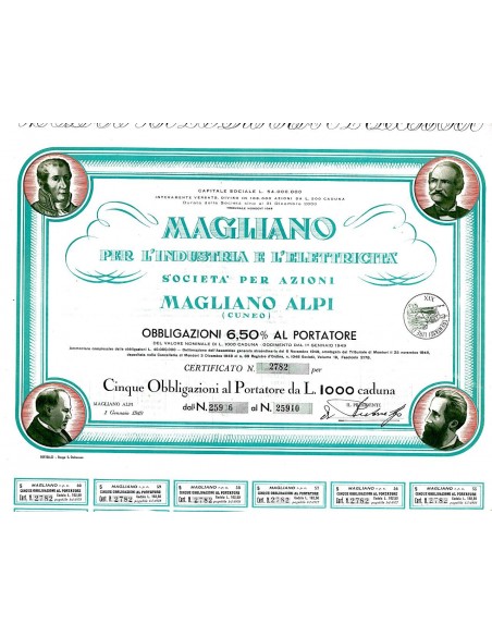 1949 - MAGLIANO PER L'INDUSTRIA E L'ELETTRICITA' SPA MAGLIANO ALPI (CN) (5 OBBLIG.)