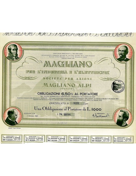 1949 - MAGLIANO PER L'INDUSTRIA E L'ELETTRICITA' SPA MAGLIANO ALPI (CN) (1 OBBLIG.)