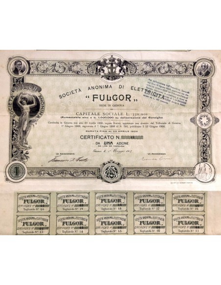 1907 - FULGOR - SOC. ANONIMA DI ELETTRICITA' 1 AZIONE - GENOVA