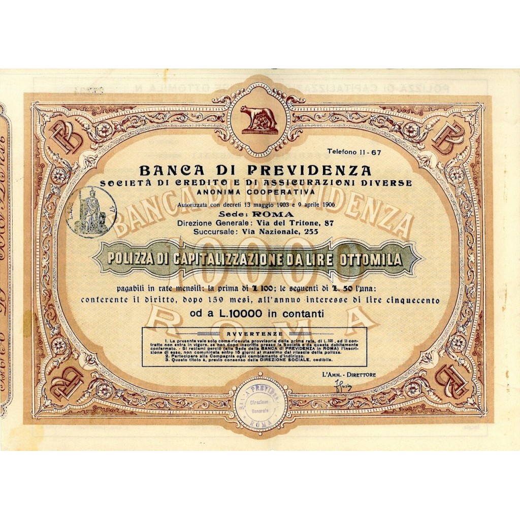 1906 - BANCA DI PREVIDENZA  (POLIZZA DA LIRE 8000)