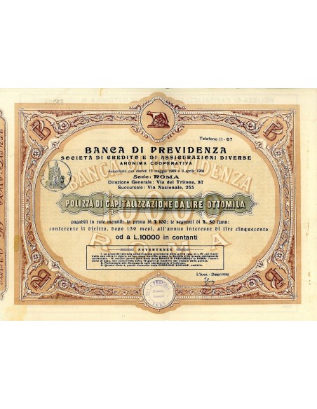 1906 - BANCA DI PREVIDENZA  (POLIZZA DA LIRE 8000)