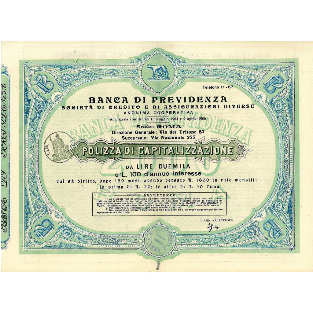 1906 - BANCA DI PREVIDENZA (POLIZZA DA LIRE 2000)
