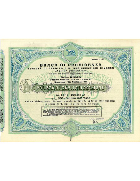 1906 - BANCA DI PREVIDENZA (POLIZZA DA LIRE 2000)