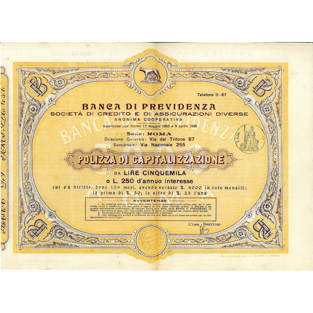 1906 - BANCA DI PREVIDENZA  (POLIZZA DA LIRE 5000)