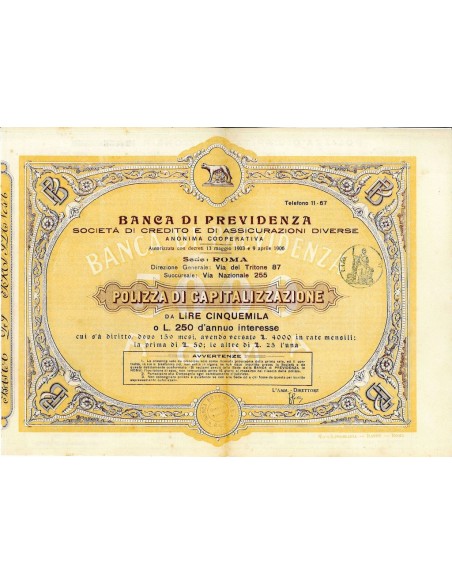 1906 - BANCA DI PREVIDENZA  (POLIZZA DA LIRE 5000)