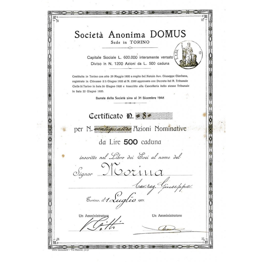 1921 - DOMUS SOC. ANONIMA - SEDE IN TORINO